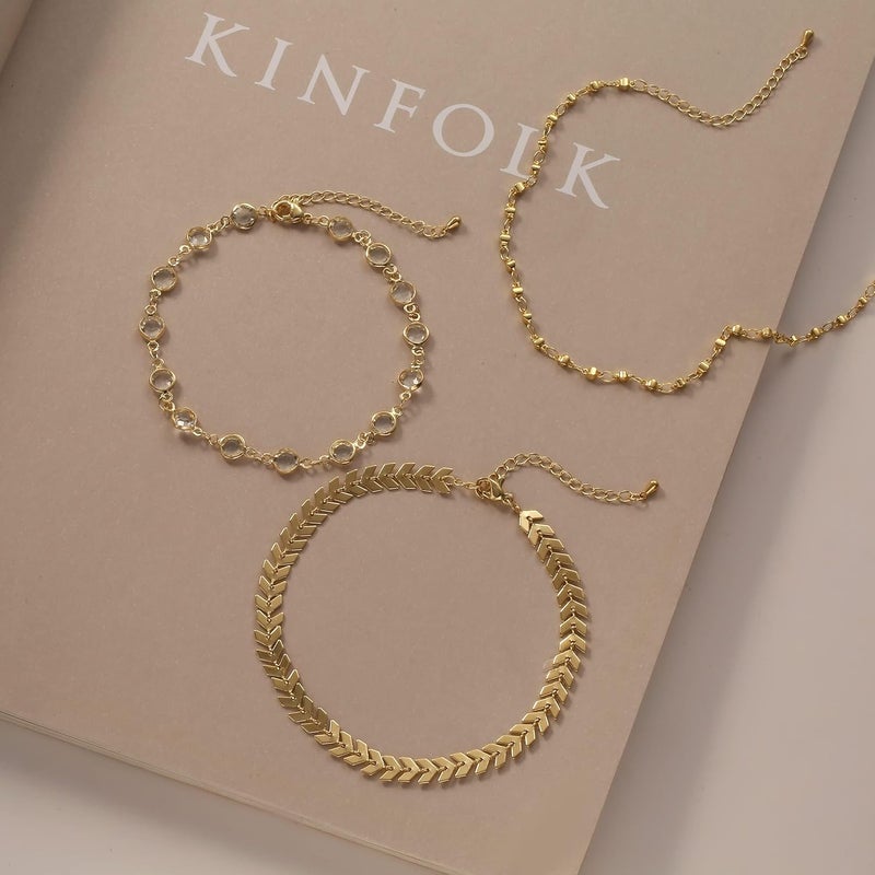 MIDEEO Gold/Silver Ankle Bracelets for Women,14K Gold Anklets for Women Waterproof Cuban Link Heart Beads Herringbone Rhinestone Anklets Set Layered Anklet Bracelets for Women Gold Jewelry Gift - Image 5